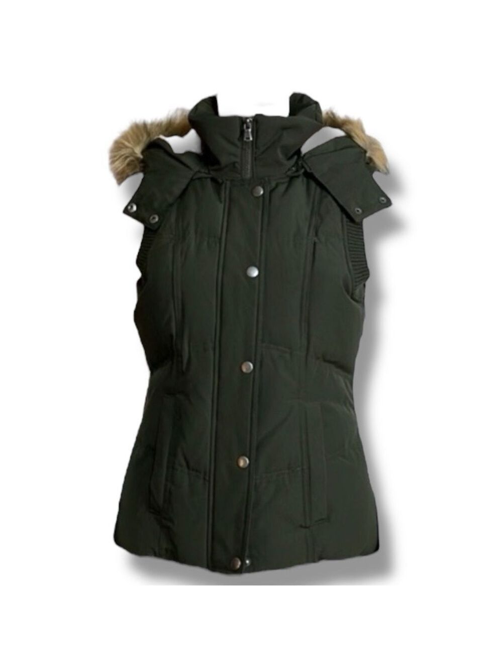 Down Puffer Vest Army Green Detachable Faux Fur Hood Women’s Size XS
